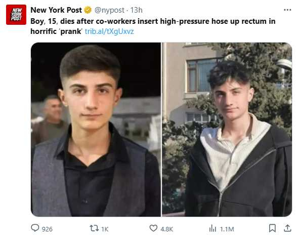 年僅15歲的木工學徒穆罕默德·肯迪爾奇（Muhammed Kendirci）在工場中遭遇同事施以致命惡作劇，引發社會譁然。（圖／翻攝自X，New York Post）