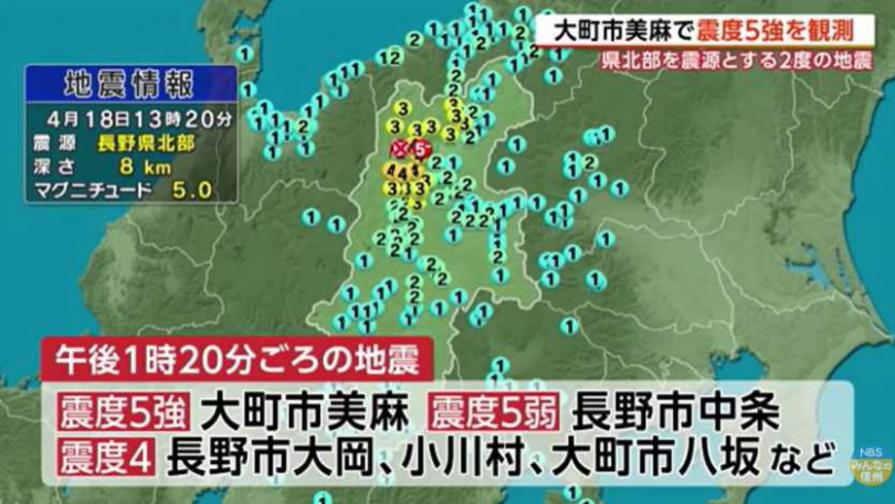 長野一天內多震，氣象廳警告恐出現更強烈搖晃。（圖／翻攝自YT，長野県のニュース　NBS長野放送）