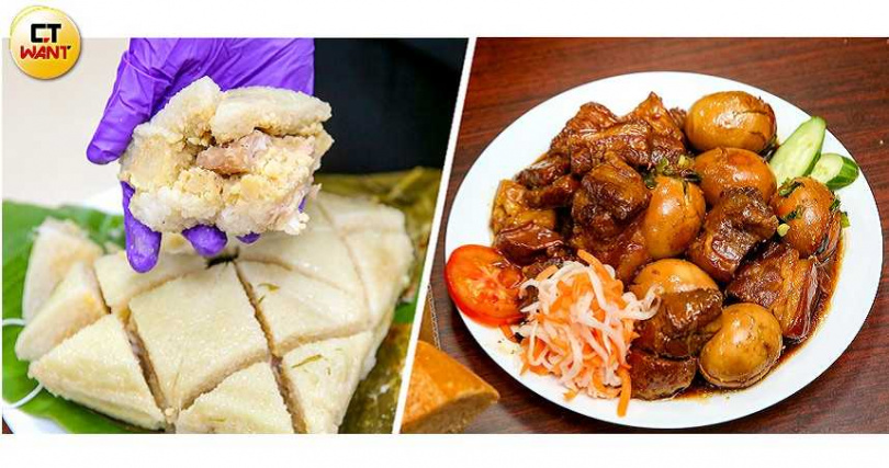粽子、滷肉都是越南必不可少的年菜,南越的粽子較特別是正方形,裡面包有糯米、綠豆和豬肉,過年一家人分享同一個粽子。而控肉中的滷蛋有著圓滿的涵義,吃控肉也代表過一個好年。(圖/黃耀徵攝)