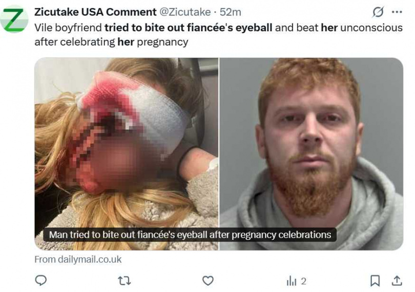 英國男子班傑明瓊斯因施暴未婚妻、試圖咬出其眼球而再度入獄。（圖／翻攝自X）