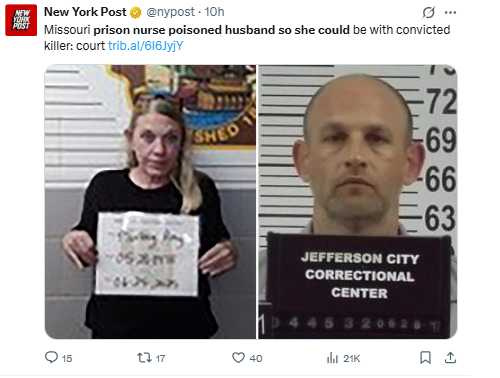 涉案護理師艾咪穆瑞原任職密蘇里州監獄，因謀殺丈夫並與囚犯發展戀情遭判刑。（圖／翻攝自X）