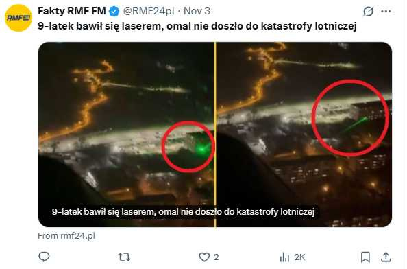 波蘭新塔爾格一名9歲男童從住家附近用雷射筆照射夜間訓練中的飛機，造成飛行員視線干擾，所幸未釀事故。（圖／翻攝自X，@RMF24pl)