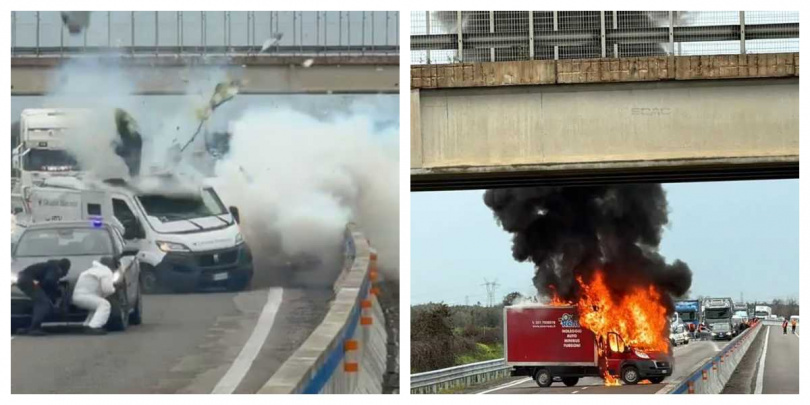 義大利憲兵部隊與搶匪爆發交火，一輛警車中彈，另有便衣車遭故意撞擊。