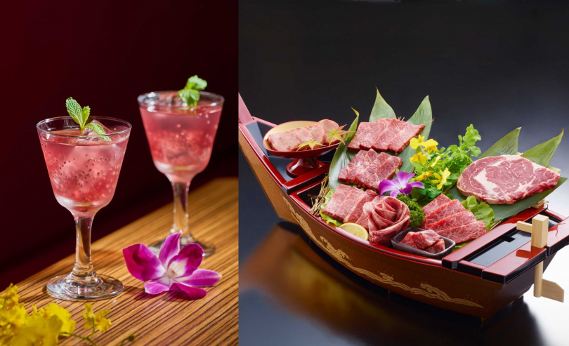 「奇亞籽蔓越莓醋飲」（左）、匯集牛舌、日本國產牛五花與和牛多種部位的「赤虎和牛豪華船盤組合」。（5,800元，圖／焼肉の名門赤虎提供）