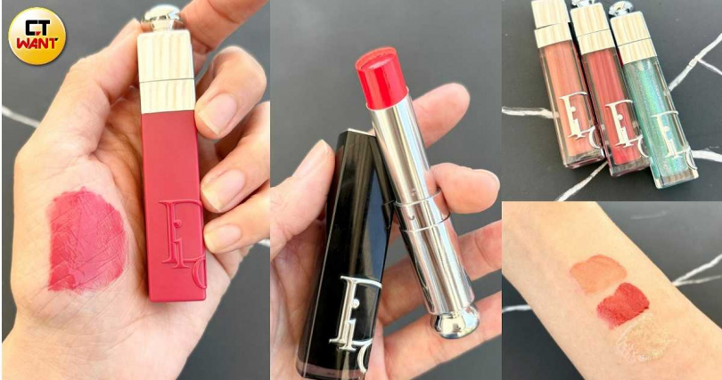 迪奧癮誘沁涼水唇露#671限量版5ml／1,380元、迪奧癮誘唇膏#535限量版3.2g／1,550元、迪奧豐漾翹唇蜜限量版6ml／1,380元（圖／吳雅鈴攝）