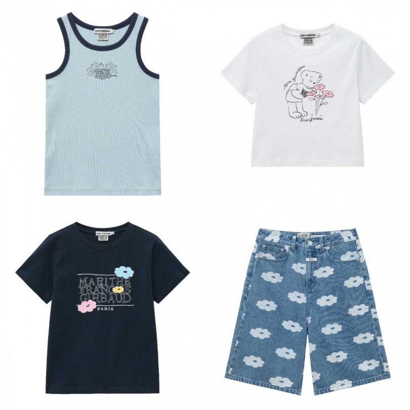 DAISY X MARITHÉ 滾邊無袖上衣／1,490元，DAISY X MARITHÉ 花卉熊熊TEE／ 1,690元，DAISY X MARITHÉ 彩蠟 LOGO TEE／1,690元，DAISY X MARITHÉ 百慕達牛仔褲／3,590元（圖／品牌提供）