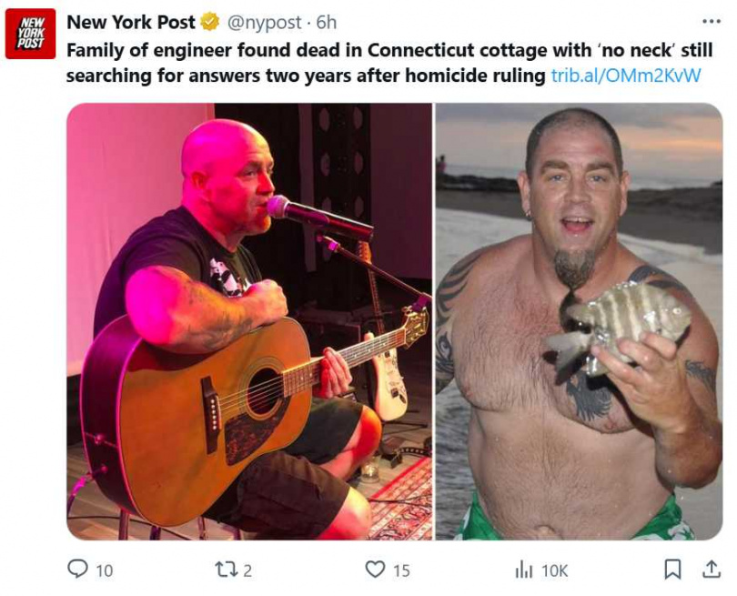 尚恩遺體發現地點為康乃狄克州柴郡一棟三房住宅,家屬強烈質疑死因不單純,並在兩年後提出民事訴訟,盼能釐清案件真相。(圖/翻攝自X,@nypost)