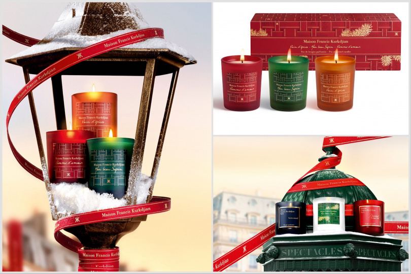 經典三香:Mon beau Sapin(耶誕冷杉)、Pain d’épices(暖心薑餅)、Pomme d’amour(焦糖蘋果),紅緞帶外盒散發節慶喜悅。Maison Francis Kurkdjian 限量節慶香氛蠟燭禮盒75g×3 / 4,180元(圖/品牌提供)