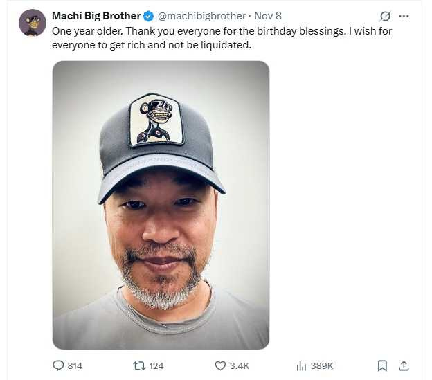 黃立成近日因加密貨幣大跌，被爆出負債達1516萬美金（約新台幣4.6億元），但他8日迎接53歲生日，感謝各界祝福，也祝大家能發財致富，不是被破產清算。（圖／翻攝自X／machibigbrother）