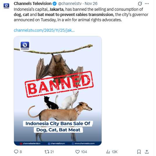 狗肉食用在印尼屬文化爭議議題,各方聲音分歧。(圖/翻攝自X,@channelstv)
