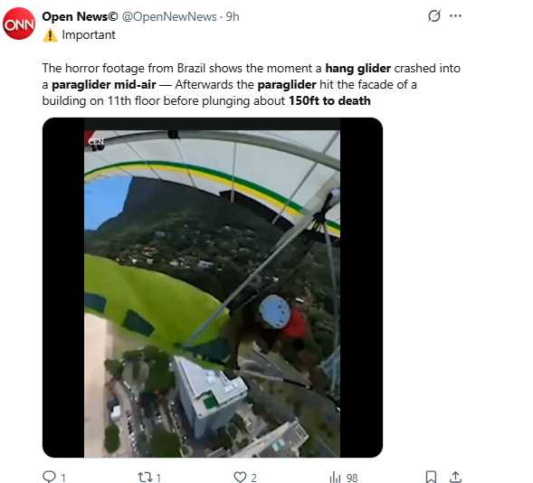 59歲滑翔傘飛行員菲利普・艾瑞克・黑格勒(Philip Eric Haegler)在巴西里約熱內盧飛行時,遭滑翔翼碰撞後失控墜落喪命,事故發生地點為聖康拉多地區。(圖/翻攝自X,@OpenNewNews)
