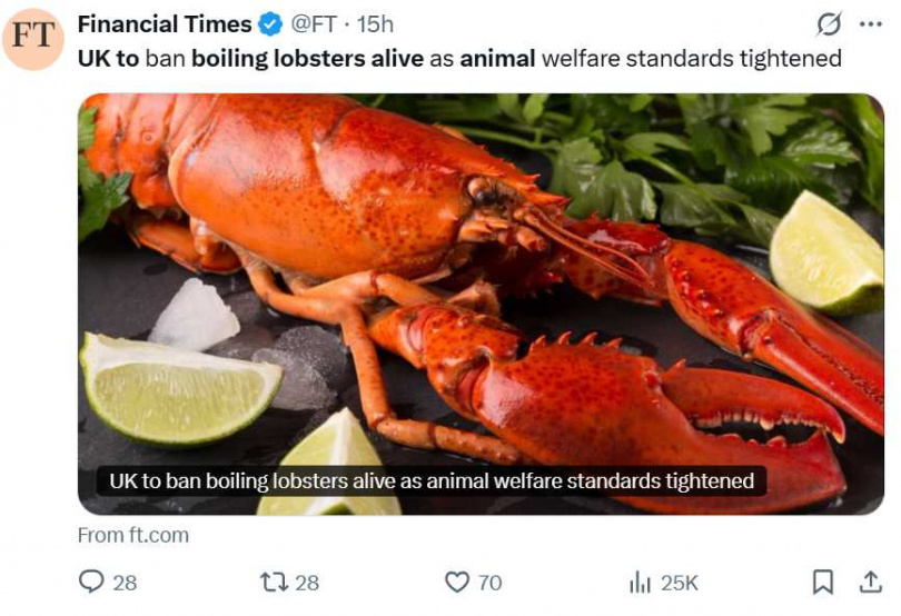 動保團體長年推動禁止活煮甲殼類，終獲政策回應。（圖／翻攝自X，@FT）