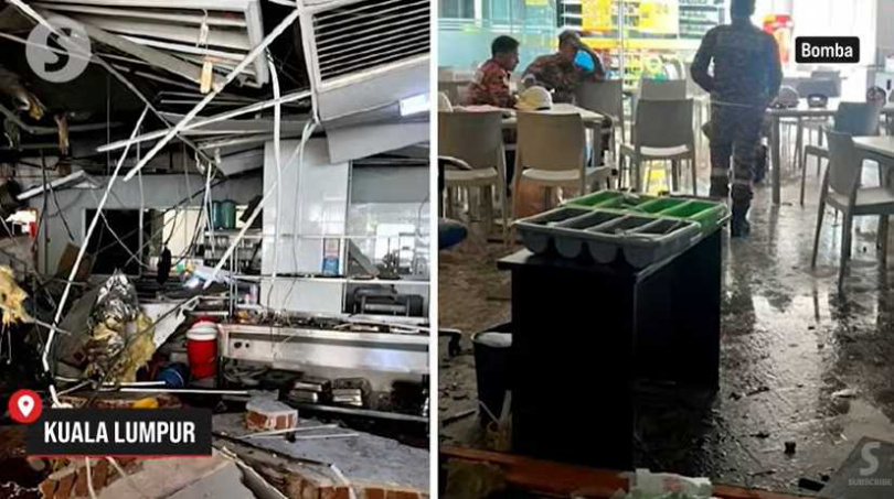 爆炸發生於精英大學四樓餐廳，牆面坍塌、碎裂瓦礫散落一地。（圖／翻攝自馬來西亞The Star）