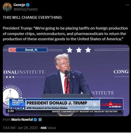 美國總統川普將矛頭指向台積電，警告可能課徵台製晶片100%關稅。（圖／翻攝自X）