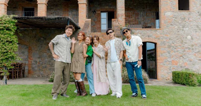 《嗨！營業中》前往義大利員工旅遊，左起郭泓志、莎莎、吳映潔、白安、包偉銘、姚元浩。（圖／好看娛樂提供）