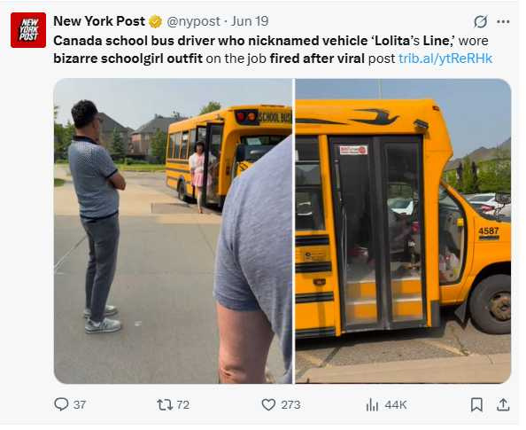 車身標示Lolita Line的黃色校車成爭議焦點，名稱被指涉戀童意涵。（圖／翻攝自X）