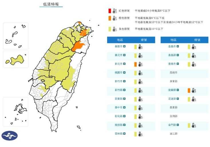 中央氣象署針對17縣市發布低溫特報，新北與宜蘭列為橙色燈號警戒區域。（圖／氣象署提供）