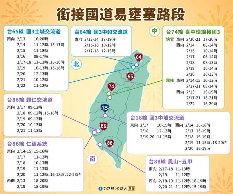 高速公路局針對11處國道易壅塞點設有替代道路與導引標誌，引導用路人分流。（圖／公路局提供）