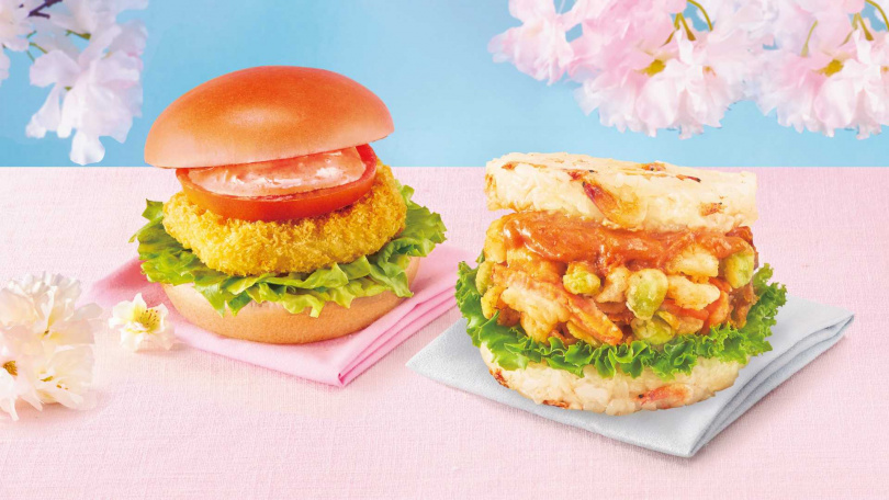 摩斯季節新品「海老粉饌堡」（左，110元）及「櫻花蝦海洋珍珠堡」。（120元，圖／摩斯漢堡提供）