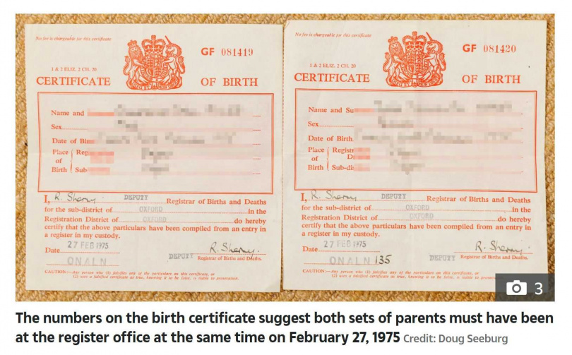 這對夫妻的出生證明編號為連續數字。（圖／翻攝自The Sun）