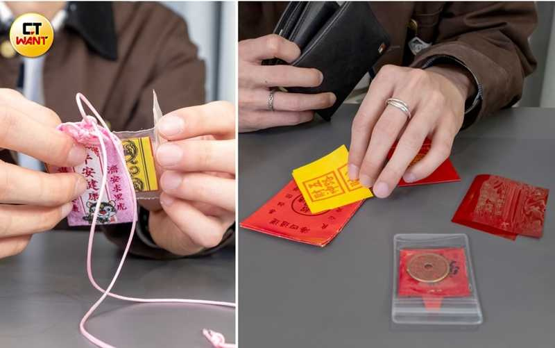 包包裡有各種平安符,大多是媽媽幫他準備的。(圖/焦正德攝)