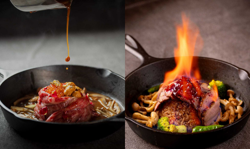 「海膽鮭魚卵和牛富士山茶香鐵鍋飯」（左，980元）、「火焰威士忌櫻桃鴨胸茶香鐵鍋飯」（520元，圖／輪輪1976提供）