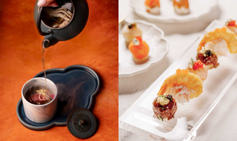 「玫瑰金和牛土瓶蒸」（左，320元）、輪輪1976必吃餐點之一「盒火車毬毬壽司」。（圖／輪輪1976提供）