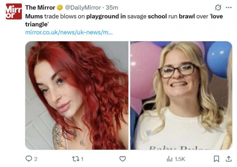 英國2名年輕媽媽疑因愛情糾葛在小學校園爆發激烈衝突，雙雙掛彩送辦。（圖／翻攝自X）