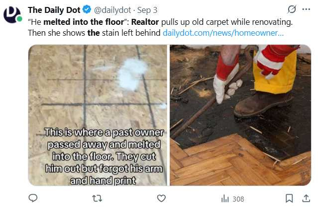 史奈德表示地板印記未被移除,目前僅清潔後鋪設新地板遮蓋。(圖/翻攝自X,@dailydot)