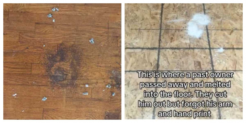 拉開地毯後驚見地板上遺留清晰印記,影片在TikTok上迅速爆紅。(圖/翻攝自TikTok,snyderrealestategroup_ia)