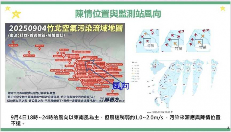 新竹縣吹起東南風後，縣治竹北市不時出現異味。（圖／翻攝自竹北市公所臉書）