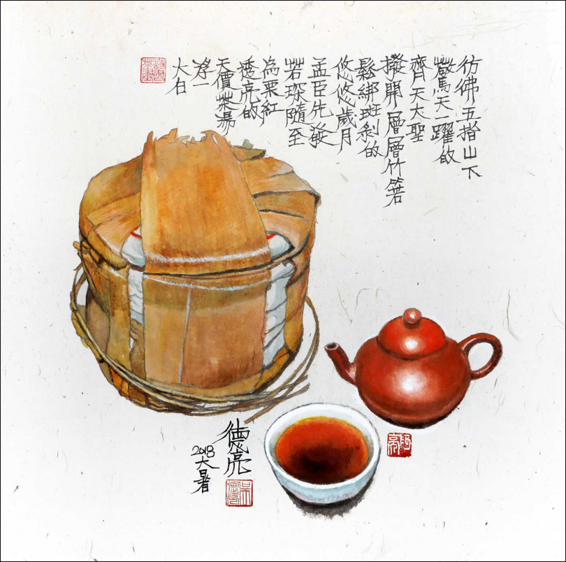 吳德亮茶票詩畫作品「紅印開湯」。（圖／吳德亮攝）