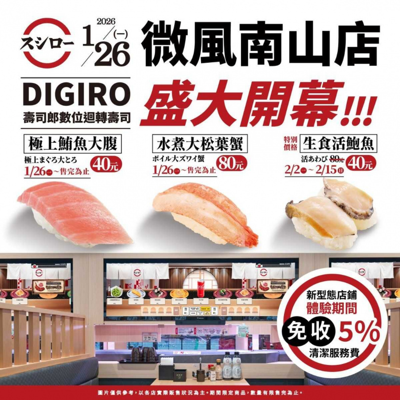 壽司郎官方公告，微風南山店開幕體驗期間停收5%清潔服務費。（圖／翻攝自壽司郎臉書粉絲專頁）