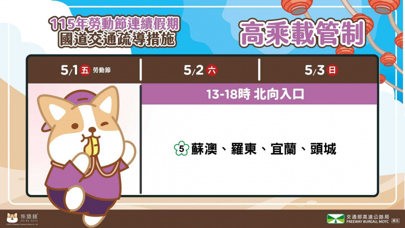 5月2日、3日下午國5北向將實施高乘載管制,小型車須乘載3人以上才能進入蘇澳、羅東、宜蘭及頭城北向入口。(圖/高公局)