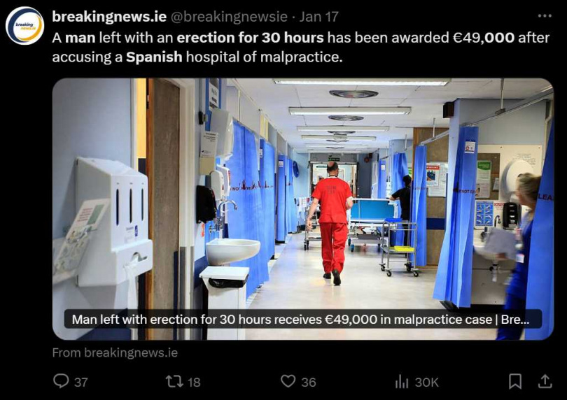 男子陰莖勃起30小時，最終住院，且為了裝人工陰莖接受兩次手術。（圖／翻攝自X） 