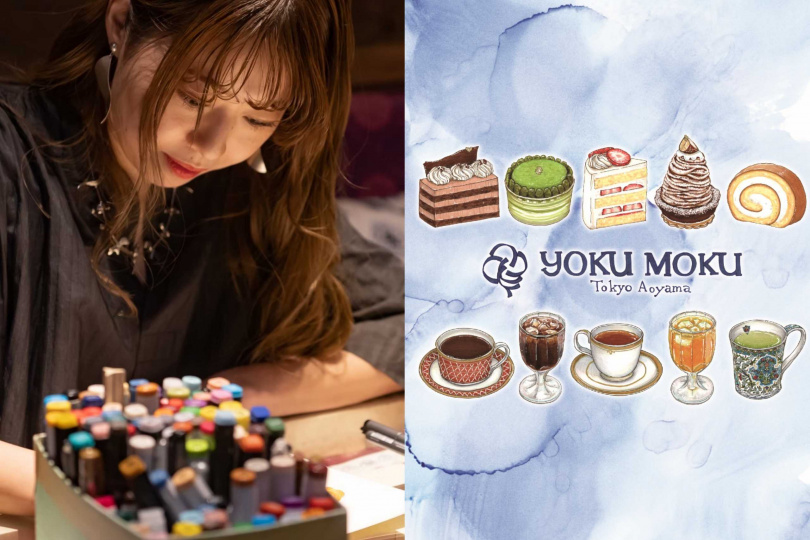 日本藝術家鴨志田和泉（左）為YOKU MOKU天母旗艦店繪製全新下午茶菜單，菜單將於3/13正式更換。（圖／YOKU MOKU提供）