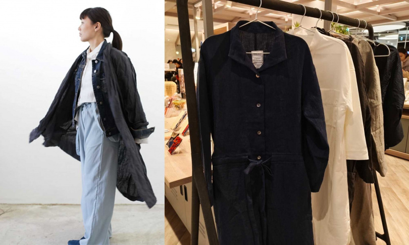 這次有4個服飾織品品牌參展，左為linenu works以斜角剪裁展現俐落線條的長版外套。（圖／魏妤靜攝、靜岡縣駐台辦事處提供）