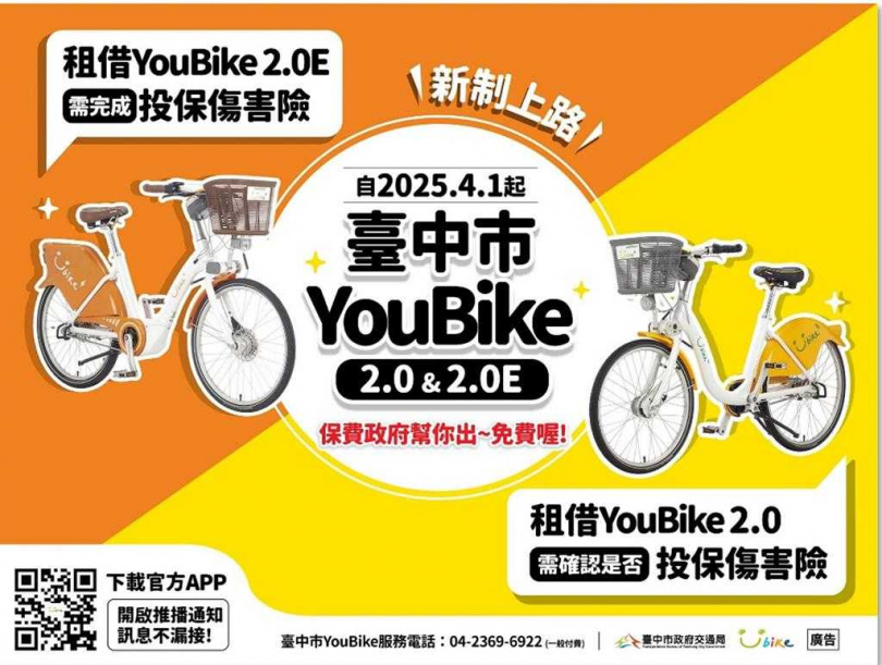 台中市YouBike租借新制將於4月1日上路，未投保公共自行車傷害險，將無法租借YouBike 2.0E電輔車，未填寫投保意願調查，則無法租借YouBike2.0。（圖／台中市交通局提供）