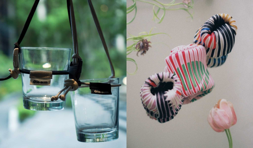 0km美術館商店販售Ohnoki聯名商品飲料杯掛繩(左)、針織藝術家黃郁媚手工織品。(圖/勤美術館提供)