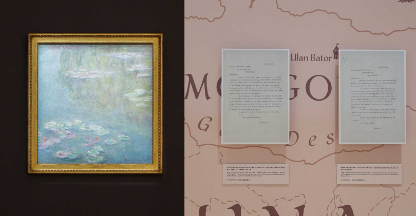 莫內畫作《睡蓮》(左)捕捉了水面瞬息萬變的光線與時間感,展覽更呈現伍斯特美術館檔案室保存與《睡蓮》相關的一系列書信及電報,記錄採購該作的過程。(圖/富邦美術館提供)