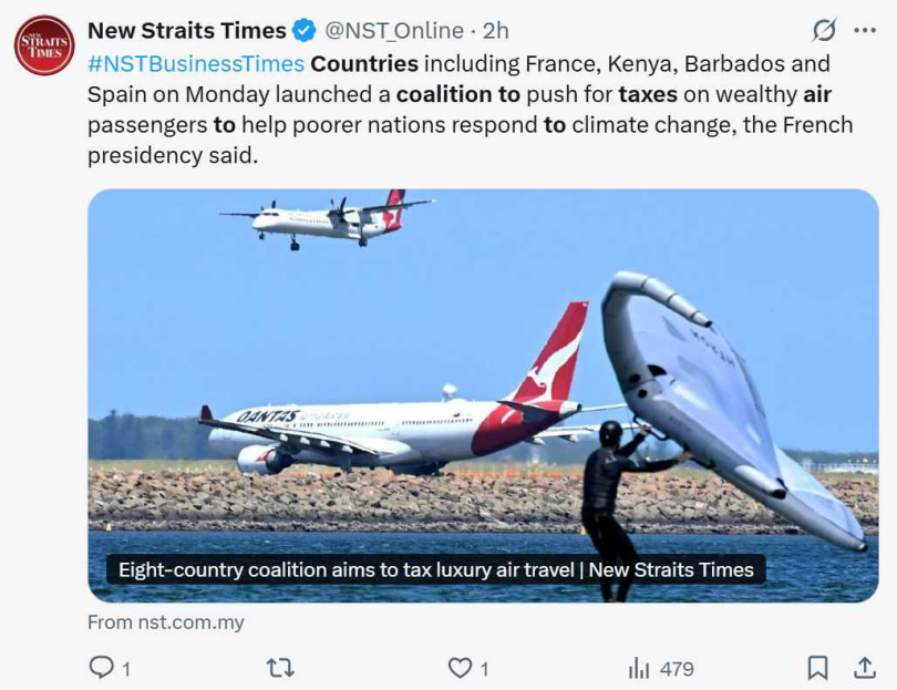 法國、肯亞與巴貝多等國力推飛行團結稅，籌措資金協助弱勢國家應對氣候危機。（圖／翻攝自X）
