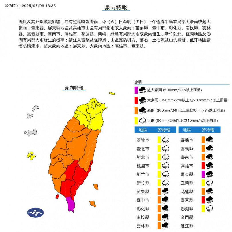 氣象署發布豪雨特報。（圖／翻攝自氣象署官網）