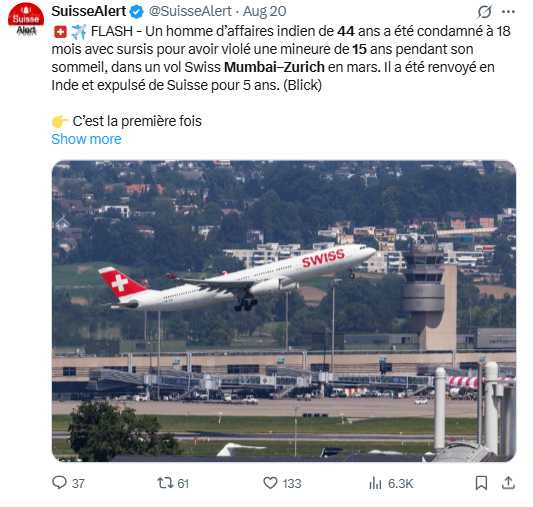 少女熟睡時慘遭侵犯，商務艙驚悚一幕引爆輿論。（圖／翻攝自X，@SuisseAlert）