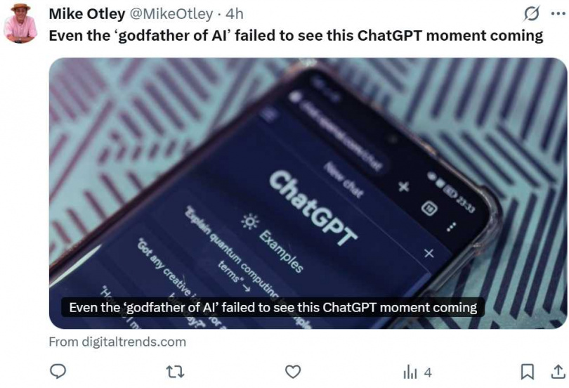 喬治‧辛頓長期關注AI風險，卻也親身體驗AI介入私人情感的衝擊。（圖／翻攝自x，@MikeOtley ）