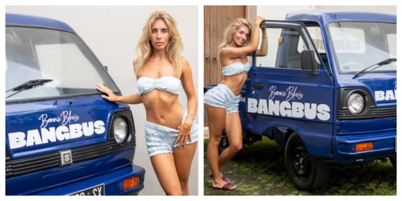 警方查扣的藍色皮卡車「Bangbus」,被認為與邦妮‧布魯拍攝內容相關,車輛未完成合法登記。(圖/翻攝自IG,Bonnie Blue)