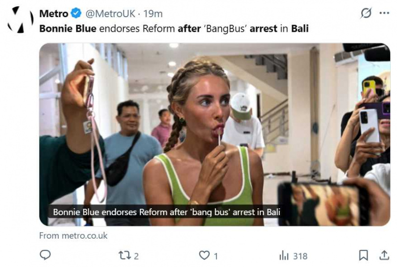 邦妮‧布魯曾自稱於Schoolies活動中創下與1057人發生性關係紀錄,其爭議行為已多次引發國際媒體關注。(圖/翻攝自x,@MetroUK)