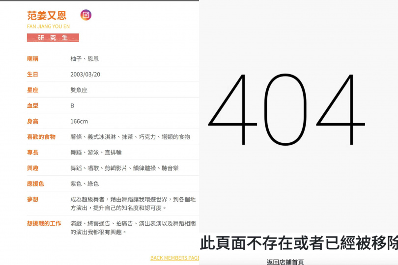 范姜又恩在官網的介紹已被刪除。(圖/翻攝自AKB48 Team TP官網)