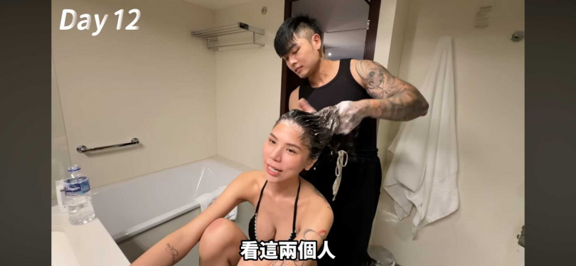 過去曾做過美髮業的晨灰，還十分專業地幫蕾菈洗頭吹頭。（圖／翻攝自晨灰YT）