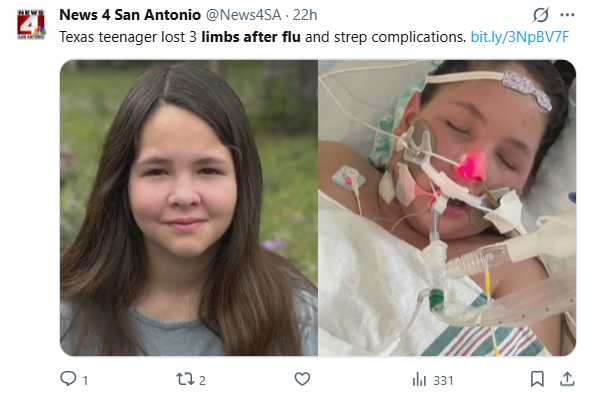 13歲少女因流感併發重症,目前持續住院治療。(圖/翻攝自X、@News4SA)