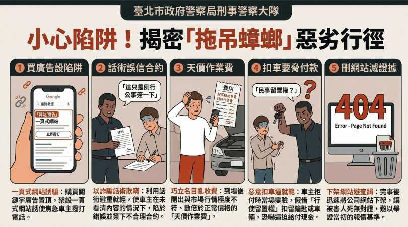 警方揭密拖吊蟑螂的惡劣行徑，希望民眾能多加防範。（圖／翻攝畫面）